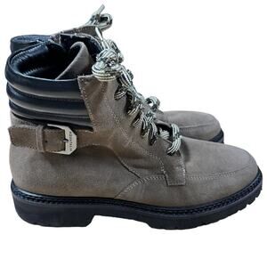 Aquatalia NWOB Mayra Weatherproof Suede Lace Up Moto Boots Brown Size 9 Side Zip